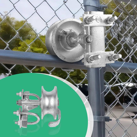 Sliding Gate Rollers Set With Five Inch Wheels For Two Inch Gate Frames And One And Five Eighths Inch Track Pipe Heavy Duty Malleable Iron Gate Hardware