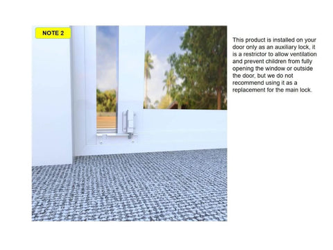Sliding Glass Door Foot Lock (Kick Lock), Keyless Patio Door Secondary Security Lock in white, installed on bottom rail, close-up view