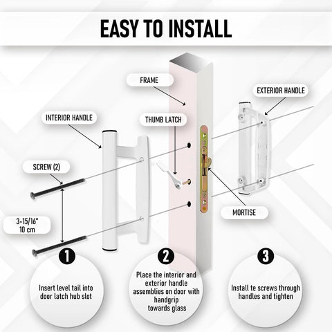 Installation guide showing parts of Sliding Glass Door Handle Replacement Kit With White Mortise Handle And Non Keyed Lock All Aluminum Construction Reversible Mortise Style Fits Doors From 1 3/8 Inch To 1 3/4 Inch 3 15/16 Inch Between Holes Ideal For Replacing Swollen Wood Handles.