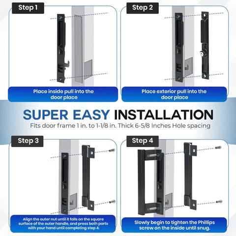 Installation steps for Sliding Glass Door Handle Set With Interior And Exterior Handles In Black 6-5/8 Inch Hole Spacing.