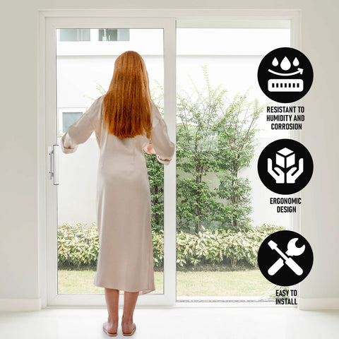 Sliding Glass Door Handle Replacement Kit With White Mortise Handle And Non Keyed Lock All Aluminum Construction Reversible Mortise Style Fits Doors From 1 3/8 Inch To 1 3/4 Inch 3 15/16 Inch Between Holes installed on door with woman opening it