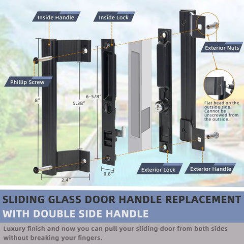 Sliding Glass Door Handle Set with interior and exterior handles in black, 6-5/8 inch hole spacing, for flush mount cutouts.