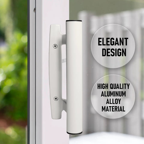 Sliding Glass Door Handle Replacement Kit With White Mortise Handle And Non Keyed Lock All Aluminum Construction installed on glass door