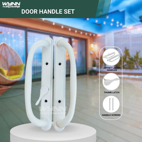 10 Inch Sliding Patio Glass Door Offset White Pull Handle Set Replacement Non Keyed Fits 3 15/16 Inches Hole Spacing and 1 1/4 To 2 1/4 Inches Door Thickness Four Hole Pattern Escutcheon Plate Height 10 Inches