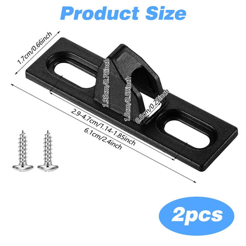 Two Pack Sliding Door Keepers For Sliding Glass Doors Lock Latch Replacement With Mounting Screws Included Black Finish Designed With Vertical Screw Slots For Easy Adjustment And Friction Bumps On The Back To Prevent Sliding Ideal For Patio Door, product dimensions and view of included screws.