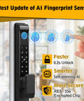 Sliding Glass Door Lock With Five Unlock Methods Including Fingerprint Passcode RFID Card Bluetooth App And Backup Key For Keyless Entry And Smart Access showing fingerprint sensor with AI technology