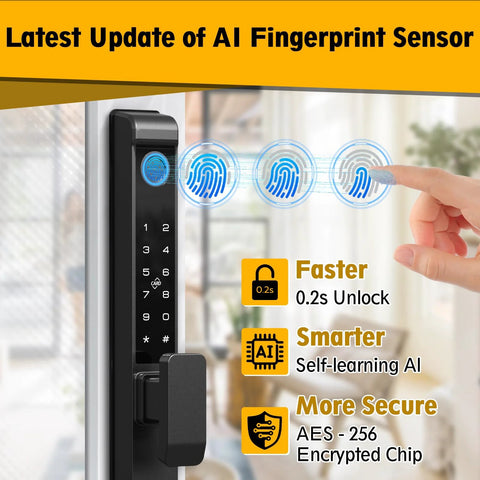 Sliding Glass Door Lock With Five Unlock Methods Including Fingerprint Passcode RFID Card Bluetooth App And Backup Key For Keyless Entry And Smart Access showing fingerprint sensor with AI technology