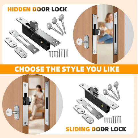 Sliding Door Lock for Glass and Patio Doors, Mortise Style with High Security Square Bolt Plus Safety Hook Latch, Fits Door Thickness From 0.87 to 2.37 Inches, Ideal for Commercial Storefront and Sliding Doors, Durable 2 Pack displayed in product and installed views
