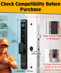Sliding Glass Door Lock With Five Unlock Methods Including Fingerprint Passcode RFID Card Bluetooth App And Backup Key For Keyless Entry And Smart Access On Patio Doors With Handle And Suitable For Various Door Thicknesses, shown with measurement guide and installer