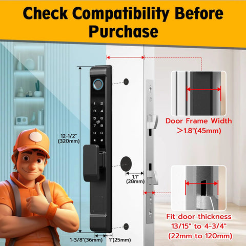 Sliding Glass Door Lock With Five Unlock Methods Including Fingerprint Passcode RFID Card Bluetooth App And Backup Key For Keyless Entry And Smart Access On Patio Doors With Handle And Suitable For Various Door Thicknesses, shown with measurement guide and installer