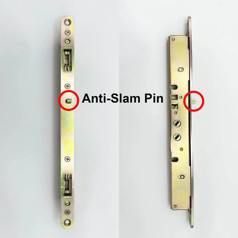 2 Point Sliding Patio Glass Door Mortise Lock with 11-3/4" Faceplate showing dual point hooks and anti-slam pin details