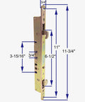 Side view of 2 Point Sliding Patio Glass Door Mortise Lock with 11-3/4" Faceplate, showing dual hooks and measurement details.