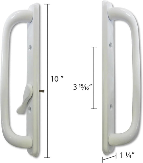 10 Inch Sliding Patio Glass Door Offset White Pull Handle Set Replacement Non Keyed Fits 3 15/16 Inches Hole Spacing and 1 1/4 To 2 1/4 Inches Door Thickness Four Hole Pattern Escutcheon Plate Height 10 Inches.
