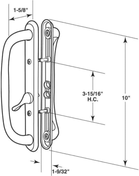 Diagram of 10 Inch Sliding Patio Glass Door Offset White Pull Handle Set Replacement Non Keyed Fits 3 15/16 Inches Hole Spacing