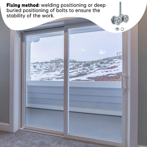 Steel Sliding Track Roller Hanging Barn Door Rail Trolley Wheel H3-3 Replacement Kit for 35-45mm Door Thickness installed on sliding patio door with snowy mountain view