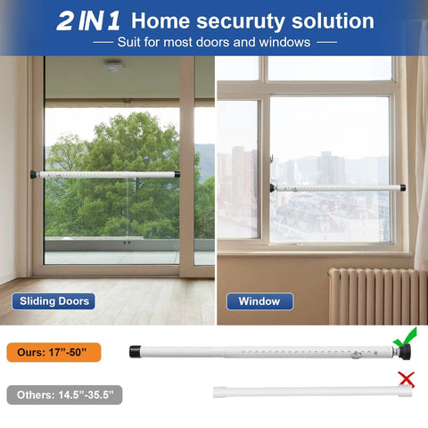 Adjustable Sliding Glass Door Security Bar With Rubber Tips Fits Seventeen Point Seven To Fifty Point Five Inches White One Inch Diameter Sturdy Durable Window Safety Bar Locks For Home Apartment And Patio Prevents Forced Entry And Keeps Kids Safe installed on sliding door and window