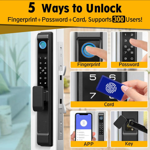 Sliding Glass Door Lock With Five Unlock Methods Including Fingerprint Passcode RFID Card Bluetooth App And Backup Key