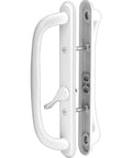 Offset white pull handle set for 10 Inch Sliding Patio Glass Door, non keyed, fits 3 15/16 inches hole spacing, 1 1/4 to 2 1/4 inches thickness.