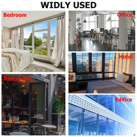 Collage of a sliding glass door handle used in a bedroom, office, restaurant, hotel, and edifice settings.