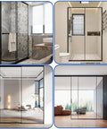 Collage of modern bathrooms featuring clear sliding shower door bottom guide set for top hung glass doors, various views.