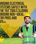 Person holding Heavy Duty Sliding Ground Rod With Handle For Outdoor Grounding Systems, smiling outdoors with safety gear.