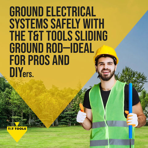 Person holding Heavy Duty Sliding Ground Rod With Handle For Outdoor Grounding Systems, smiling outdoors with safety gear.