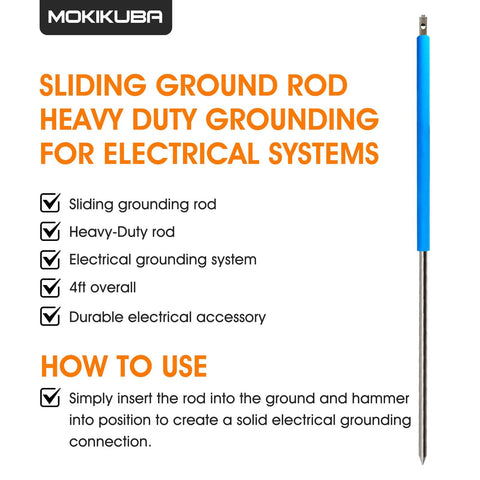 Image of a heavy-duty sliding grounding rod for electrical systems with a blue handle and instructions for use.