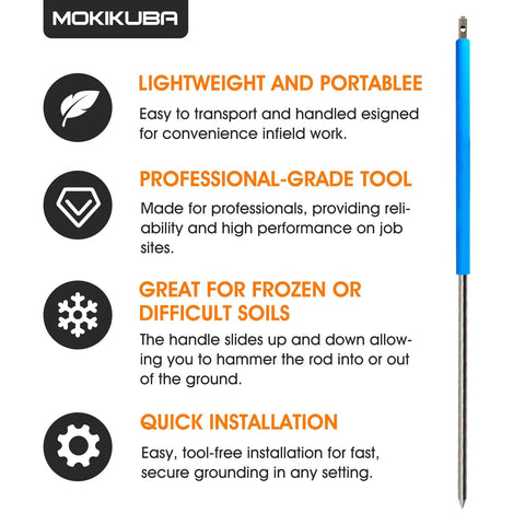 Heavy Duty Sliding Grounding Rod For Electronic Locating Equipment with smart sliding handle, infographic highlighting features