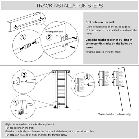 Installation steps diagram for 12 Foot Sliding Library Ladder Hardware Kit For Black Retractable Rolling Ladder With Braking Casters Adjustable Upright Position Max Load 300 Pounds No Ladder Included All In One Kit For Easy Weekend Installation