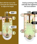 Sliding Mirror Door Rollers Replacement For Wood Framed Doors One And A Half Inch Nylon Concave Ball Bearing Wheel Two And A Half Inch Mounting Hole Height Two Pack Compatible With N 6870 Delivers Smooth Glide And Quiet Operation installation guide showing adjustment steps with side-by-side comparison.
