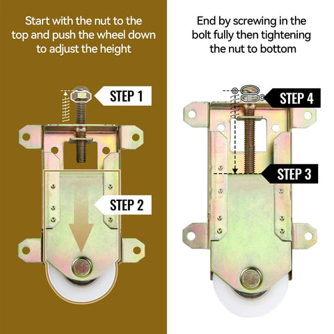 Sliding Mirror Door Rollers Replacement For Wood Framed Doors One And A Half Inch Nylon Concave Ball Bearing Wheel Two And A Half Inch Mounting Hole Height Two Pack Compatible With N 6870 Delivers Smooth Glide And Quiet Operation installation guide showing adjustment steps with side-by-side comparison.