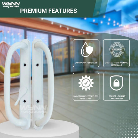 10 Inch Sliding Patio Glass Door Offset White Pull Handle Set Replacement Non Keyed Fits 3 15/16 Inches Hole Spacing and 1 1/4 To 2 1/4 Inches Door Thickness Four Hole Pattern Escutcheon Plate Height 10 Inches shown on patio with features highlighted
