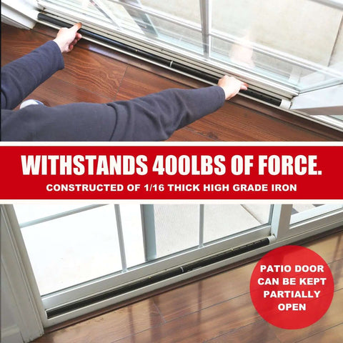 Image showing 2 In 1 Door Security Bar And Sliding Patio Bar With Interchangeable Caps in use on sliding patio door, withstands 400lbs force, adjustable from 18.25 to 47.5 inches.