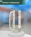 10 Inch Sliding Patio Glass Door Offset White Pull Handle Set Replacement Non Keyed Fits 3 15/16 Inches Hole Spacing and 1 1/4 To 2 1/4 Inches Door Thickness Four Hole Pattern Escutcheon Plate Height 10 Inches displayed with dimensions