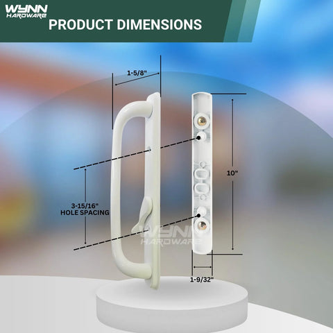 10 Inch Sliding Patio Glass Door Offset White Pull Handle Set Replacement Non Keyed Fits 3 15/16 Inches Hole Spacing and 1 1/4 To 2 1/4 Inches Door Thickness Four Hole Pattern Escutcheon Plate Height 10 Inches displayed with dimensions