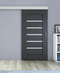 Sliding/Pocket Door Hardware Kit - 59-inch Track for 1 Door Up to 130lbs - SLID'UP 160 installed on dark wood door in living room