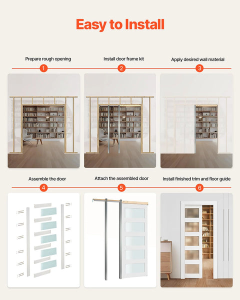 Assembly guide for Sliding Pocket Door 30 X 80 With 5 Lite Frosted Glass And Hardware Kit Solid Wood And MDF Slab Waterproof Surface Pre Drilled Panel