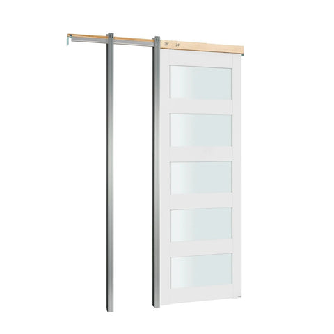 Sliding Pocket Door 30 X 80 With 5 Lite Frosted Glass And Hardware Kit, solid wood, MDF slab, pre-drilled panel, front view.