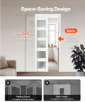 Sliding Pocket Door 30 X 80 With 5 Lite Frosted Glass And Hardware Kit Solid Wood And MDF Slab Waterproof Surface Pre Drilled Panel Hidden Mount Design Ready To Assemble shown installed in a living room.