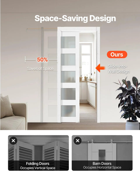 Sliding Pocket Door 30 X 80 With 5 Lite Frosted Glass And Hardware Kit Solid Wood And MDF Slab Waterproof Surface Pre Drilled Panel Hidden Mount Design Ready To Assemble shown installed in a living room.