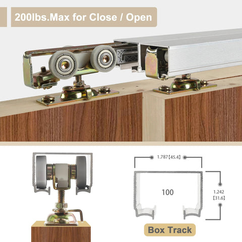 Sliding Pocket Door Soft Close Hanger Replacement Kit 1060 with 1 Inch Nylon Ball Bearing Wheels mounted on wooden frame