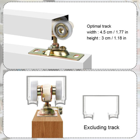 Sliding Pocket Door Hardware Kit, top hanger rollers wheels detail, compatible with Johnson Part 1125, optimal track width and height shown