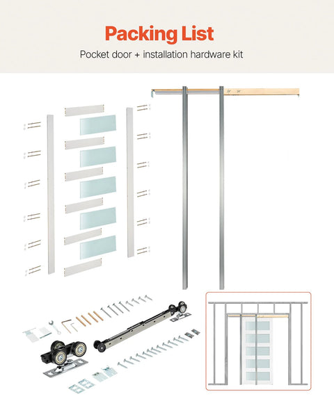 Sliding Pocket Door 30 X 80 With 5 Lite Frosted Glass And Hardware Kit Solid Wood And MDF Slab Waterproof Surface Pre Drilled Panel