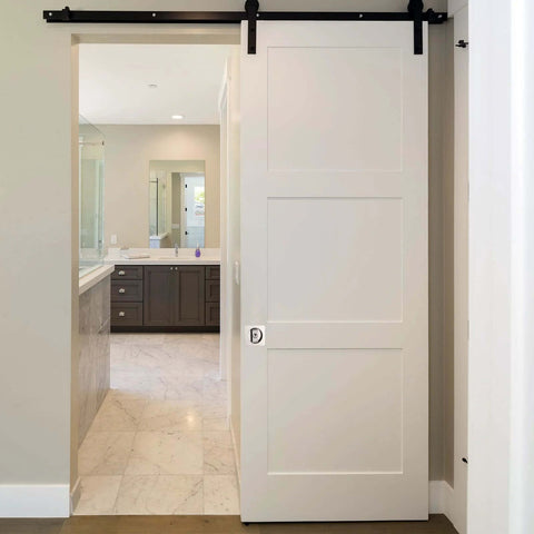 Pocket Door Lock With Keys And Invisible Recessed Handle Latch For Barn Doors And Wood Furniture, installed on white sliding door