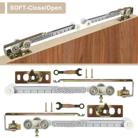 Sliding Pocket Door Soft Close Hanger Replacement Kit 1060 with 1 Inch Nylon Ball Bearing Wheels on wood installation