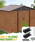 Door Tune Up Kit For Arrow DK100 A Sliding Shed Doors Replacement Parts In Black with handles and hardware next to a shed