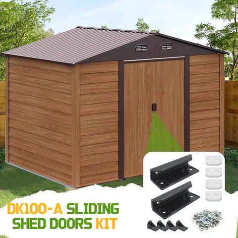 Door Tune Up Kit For Arrow DK100 A Sliding Shed Doors Replacement Parts In Black with handles and hardware next to a shed