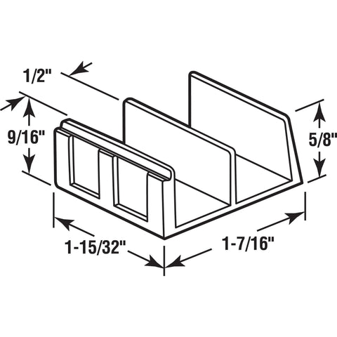 Diagram showing dimensions of Sliding Shower Door Bottom Guide, 1/2 In. Channels, Plastic Construction, Clear, Adhesive Backing (2 Pack).
