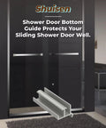 Sliding Shower Door Bottom Guide For Glass Sliding Doors Three Inches Long By One And Three Eighths Inches Wide Grey PVC Track Guide For Shower Doors Tub Glass Durable Corrosion Resistant Construction For Long Lasting Performance One Pack with shower door in background.