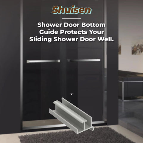 Sliding Shower Door Bottom Guide For Glass Sliding Doors Three Inches Long By One And Three Eighths Inches Wide Grey PVC Track Guide For Shower Doors Tub Glass Durable Corrosion Resistant Construction For Long Lasting Performance One Pack with shower door in background.